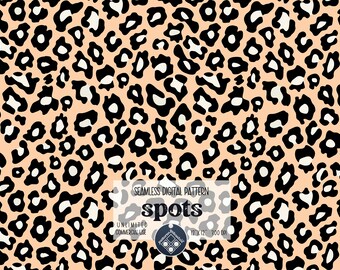 May include: Seamless digital pattern with black and white spots on a peach background. The text "spots" is written in black with a white outline. The text "Unlimited Commercial Use" is written in black. The text "12 x 12 - 300 DPI" is written in black.