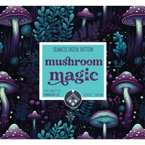 Mushroom Magic seamless pattern Unlimited Commercial Use digital print file instant download Sublimation POD mystical witch fungi dark