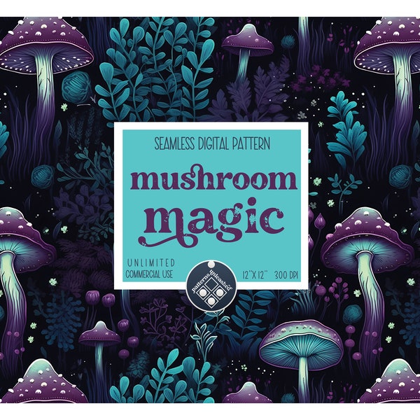 Mushroom Magic patrón sin costuras Uso comercial ilimitado archivo de impresión digital descarga instantánea Sublimación POD hongos brujos místicos oscuros