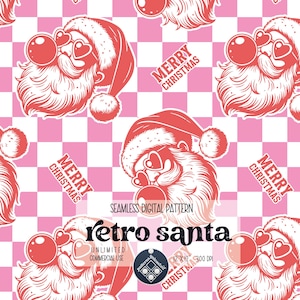 以下が含まれることがあります： ハート型のサングラスをかけ、シャボン玉を吹いているレトロなサンタクロースを特徴とするシームレスなデジタルパターン。パターンは、ピンクと白の市松模様の背景に、「メリークリスマス」というテキストが繰り返し表示されています。