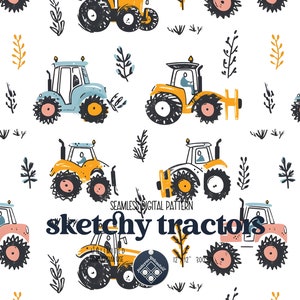 May include: A seamless pattern featuring colourful, hand-drawn tractors with black outlines. The tractors are on a white background with simple, stylized green plants. The text "sketchy tractors" is in the centre of the pattern.