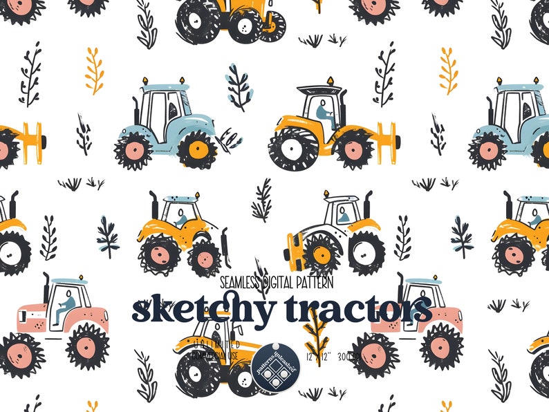 Tractors Sketchy Seamless Pattern Unlimited Commercial Use Digital ...