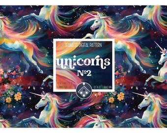 May include: A seamless digital pattern featuring colorful unicorns with rainbow manes and tails against a dark blue background with stars and flowers. The text "unicorns No.2" is in the center of the image.