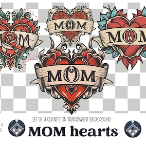 May include: Set of four vintage-style heart illustrations with the word "MOM" on a banner. The hearts are red with ornate details and are on a transparent background.