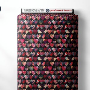 May include: A seamless digital pattern featuring a patchwork of hearts in various shades of pink, red, and purple on a black background. The pattern is titled "patchwork hearts".