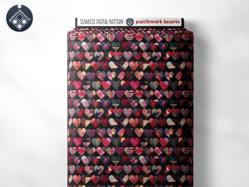 May include: A seamless digital pattern featuring a patchwork of hearts in various shades of pink, red, and purple on a black background. The pattern is titled "patchwork hearts".