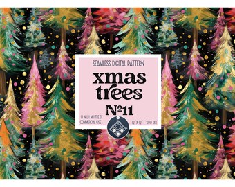 Può includere: Un motivo digitale senza cuciture con alberi di Natale colorati con accenti dorati su uno sfondo nero. Il motivo misura 30,5 cm per 30,5 cm e 300 DPI. Il testo "xmas trees Nº11" è visualizzato su uno sfondo rosa.