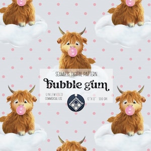 May include: A seamless digital pattern featuring a cute cartoon Highland cow blowing a pink bubble gum bubble. The background is a light gray with a pink polka dot pattern. The text "bubble gum" is written in a whimsical font.