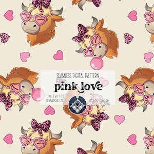Valentine Highland Cow seamless pattern Unlimited Commercial Use digital print file instant download Sublimation POD Leopard print bow