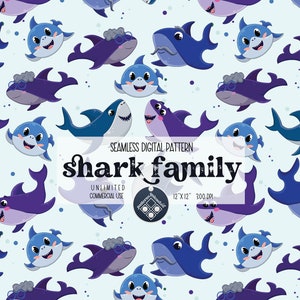 Shark Family seamless pattern Unlimited Commercial Use digital print file instant download Sublimation POD for printing on fabric