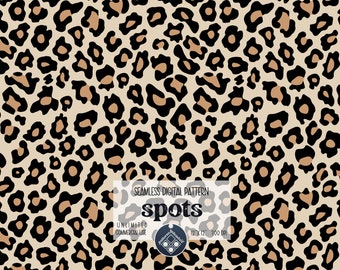 May include: Seamless digital pattern featuring a leopard print design with black and brown spots on a beige background. The text "spots" is in a black box with the words "Seamless Digital Pattern", "Unlimited Commercial Use", and "12 x 12", "300 DPI" in smaller text.