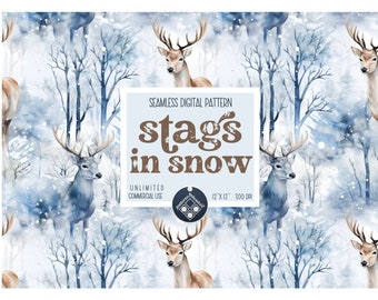 Stags in winter forest seamless pattern Unlimited Commercial Use digital print file instant download Sublimation POD watercolor snow deer