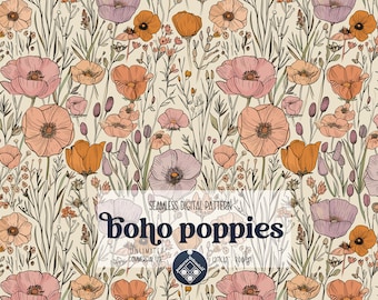 Bohemian Poppy Flowers digital seamless pattern Unlimited Commercial Use digital print file instant download file Retro Floral