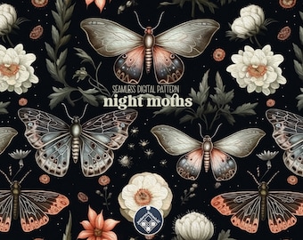 Night Moths patrón sin costuras Uso comercial ilimitado archivo de impresión digital descarga instantánea Sublimación POD místico Night Garden