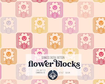 May include: A seamless digital pattern featuring colorful flower blocks with smiling faces. The pattern is 12 inches by 12 inches and 300 DPI.