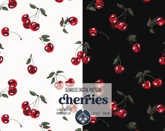 May include: A seamless digital pattern featuring red cherries with green leaves on a white and black background. The pattern is titled "cherries" and includes the text "Unlimited Commercial Use" and "12" x 12" 300 DPI".