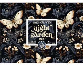 May include: A seamless digital pattern featuring a dark background with white butterflies, white flowers, and blue-grey leaves. The text "night garden Nº1" is in the center of the pattern.