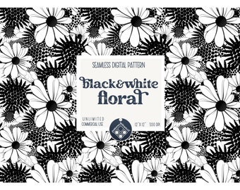 Black and white flowers seamless pattern Unlimited Commercial Use digital print file instant download Sublimation POD modern abstract floral