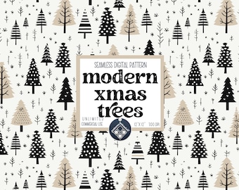 May include: A seamless digital pattern featuring black and beige stylized Christmas trees on a white background. The text "modern xmas trees" is in the center of the image. The pattern is 12 inches by 12 inches and 300 DPI.