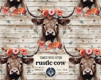 Rustic highland cow seamless pattern Unlimited Commercial Use digital print file instant download Sublimation POD western repeat tile