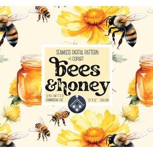 Op de afbeelding: Een naadloos digitaal patroon met aquarel illustraties van bijen, honingpotten en gele bloemen. Het patroon is 12 inch bij 12 inch en 300 DPI. De tekst "bees & honey" is in een vet, zwart lettertype.
