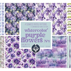 Watercolor purple flowers seamless pattern Unlimited Commercial Use digital print file instant download Sublimation POD lilla violet floral