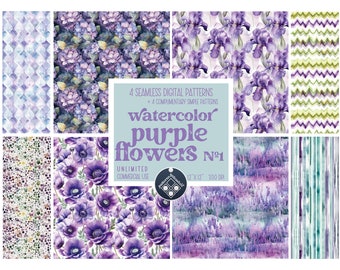 May include: Set of 8 digital seamless patterns featuring watercolor purple flowers. The patterns include hydrangeas, irises, anemones, lavender, and geometric designs. The patterns are 12 inches by 12 inches and 300 DPI.