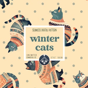 Winter cats seamless pattern Unlimited Commercial Use digital print file instant download Sublimation POD knitted sweater cat