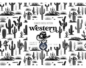 Western seamless pattern Unlimited Commercial Use digital print file instant download Sublimation POD cactus field cowboy hats