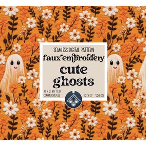 Ghosts Halloween Faux Embroidery seamless pattern Unlimited Commercial Use instant download cute design