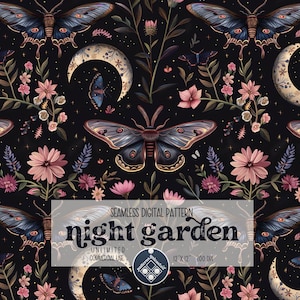 Night Garden seamless pattern Unlimited Commercial Use digital print file instant download Sublimation POD mystical moth magic witchy floral