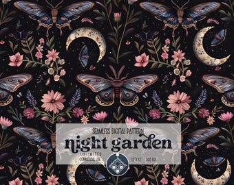 Night Garden seamless pattern Unlimited Commercial Use digital print file instant download Sublimation POD mystical moth magic witchy floral