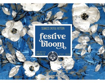 May include: Seamless digital pattern featuring white flowers on a blue background. The text "festive bloom" is displayed in a yellow box with the words "seamless digital pattern", "unlimited commercial use", "12" x 12", and "300 dpi" below it.