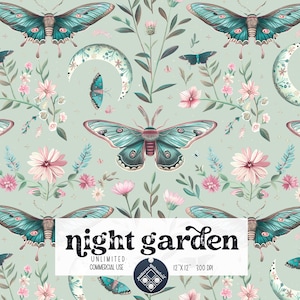 May include: A seamless pattern featuring a whimsical night garden with teal blue butterflies, crescent moons, and pink flowers on a light green background. The text "night garden" is featured in the center of the pattern.
