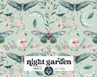 May include: A seamless pattern featuring a whimsical night garden with teal blue butterflies, crescent moons, and pink flowers on a light green background. The text "night garden" is featured in the center of the pattern.