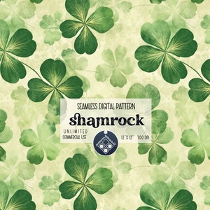 May include: Seamless digital pattern featuring green shamrocks on a light beige background. The pattern is titled "shamrock" and is 30.5 x 30.5 cm at 300 DPI.
