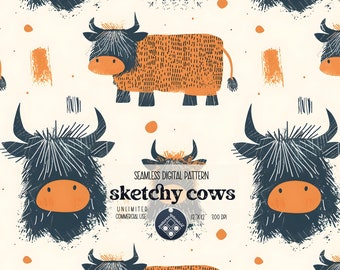 Sketchy Highland Cows Seamless Pattern Unlimited Commercial Use digital file instant download Sublimation gender neutral for fabric printing