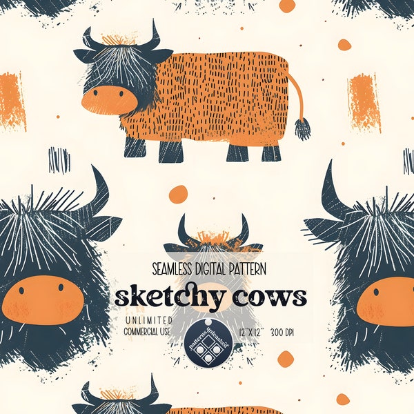 Sketchy Highland Cows Seamless Pattern Unlimited Commercial Use digital file instant download Sublimation gender neutral for fabric printing