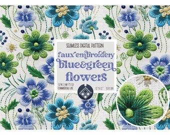 Embroided blue green flower seamless pattern Unlimited Commercial Use digital print file instant download Sublimation faux embroidery floral
