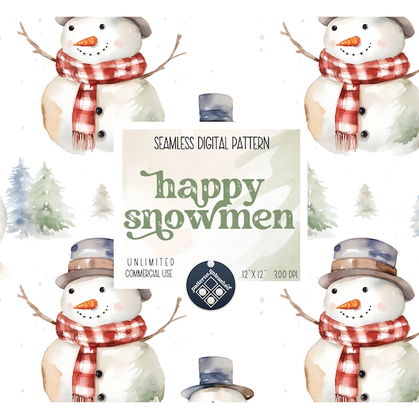 Snowman seamless pattern Unlimited Commercial Use digital print file instant download Sublimation POD watercolor christmas cute snowman