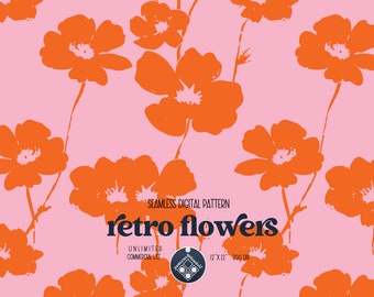 Retro Flowers seamless pattern Unlimited Commercial Use digital print file instant download file for printing on fabric pink orange