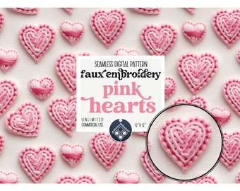 Pink Hearts faux embroidery seamless pattern Unlimited Commercial Use instant download POD digital file valentine's day repeat tile n.1