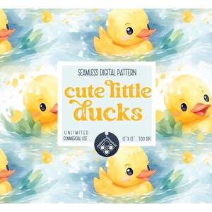 Könnte beinhalten: Ein nahtloses digitales Muster mit niedlichen gelben Entenküken, die in blauem Wasser mit weißen Blasen schwimmen. Der Text "cute little ducks" ist in gelber Schrift geschrieben. Das Muster ist 12 Zoll mal 12 Zoll groß und hat 300 DPI.