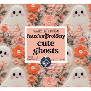 Ghosts Halloween Faux Embroidery seamless pattern Unlimited Commercial Use instant download cute design