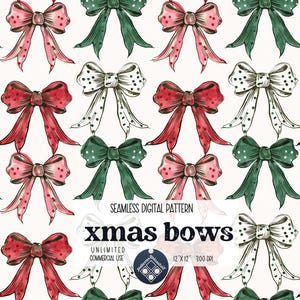 Christmas Bows Digital Seamless Pattern Unlimited Commercial Use print file instant download file for printing on fabric Watercolor