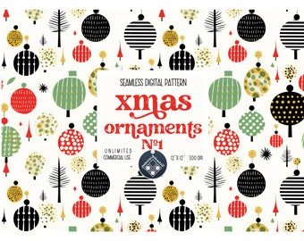 May include: A seamless digital pattern featuring Christmas ornaments and trees in a variety of colors and patterns. The ornaments are red, green, black, white, and gold. The trees are green and black. The pattern is 12 inches by 12 inches and 300 DPI.