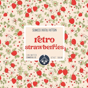 Retro Strawberries seamless pattern Unlimited Commercial Use digital print file instant download Sublimation POD fruit vintage