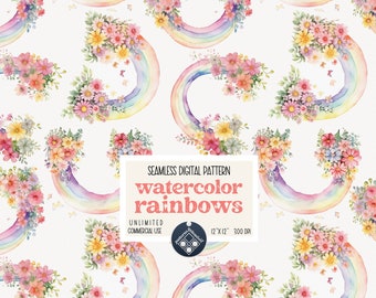 May include: A seamless digital pattern featuring watercolor rainbows with floral bouquets. The pattern is 12 inches by 12 inches and 300 DPI. It is for unlimited commercial use.