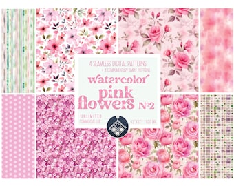 May include: Set of 8 digital seamless patterns featuring watercolor pink flowers. The patterns include a variety of floral designs, polka dots, stripes, and a geometric pattern. The patterns are 12 inches by 12 inches and 300 DPI.