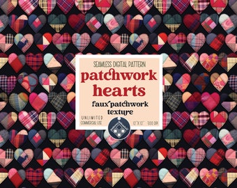 Patchwork Hearts naadloos patroon Onbeperkt commercieel gebruik digitaal printbestand direct downloaden Sublimatie POD faux patchwork textuur
